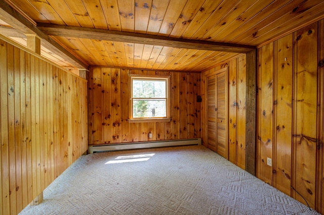 19 Pulpit Rock Rd, Raymond, ME 04071 - unfurnished room with a baseboard heating unit, wooden ceiling, carpet, and wooden walls