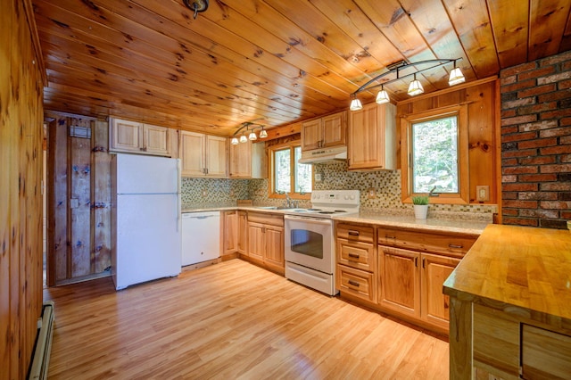 19 Pulpit Rock Rd, Raymond, ME 04071 - kitchen featuring white appliances, under cabinet range hood, wood ceiling, a baseboard radiator, and light wood-style flooring