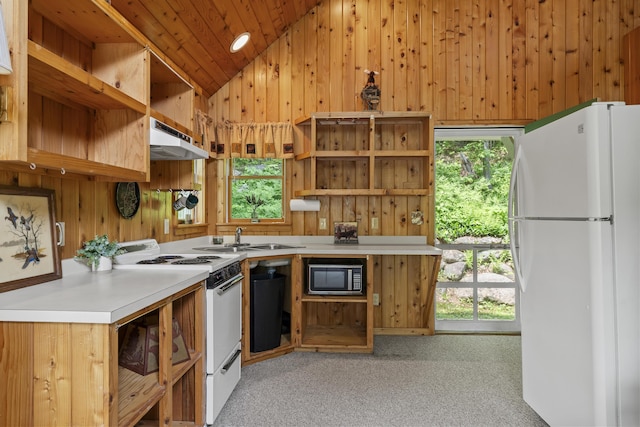 67 Day Mountain Rd, Temple, ME 04984 - kitchen with white appliances, open shelves, under cabinet range hood, lofted ceiling, and wood walls