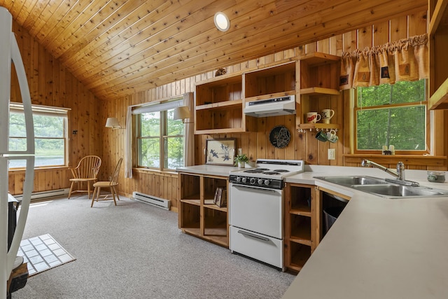 67 Day Mountain Rd, Temple, ME 04984 - kitchen featuring open shelves, electric stove, under cabinet range hood, a baseboard heating unit, and vaulted ceiling