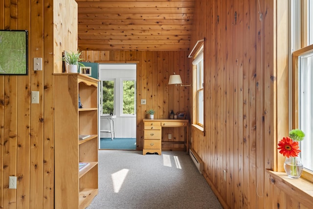 67 Day Mountain Rd, Temple, ME 04984 - carpeted bedroom featuring wooden ceiling, a baseboard radiator, wood walls, and vaulted ceiling