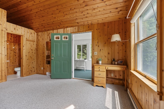 67 Day Mountain Rd, Temple, ME 04984 - unfurnished bedroom featuring lofted ceiling, wood walls, a baseboard radiator, carpet, and wood ceiling