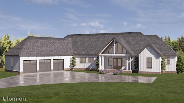 80 Indian Rivers Dr, Eliot, ME 03903 - view of front facade with roof with shingles, an attached garage, driveway, a front lawn, and board and batten siding