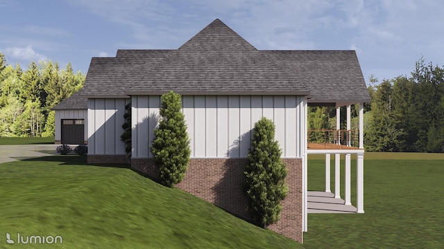 80 Indian Rivers Dr, Eliot, ME 03903 - view of property exterior featuring board and batten siding, a yard, a shingled roof, and brick siding