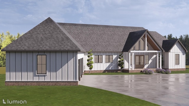 80 Indian Rivers Dr, Eliot, ME 03903 - view of front of house featuring board and batten siding, french doors, roof with shingles, and a front lawn