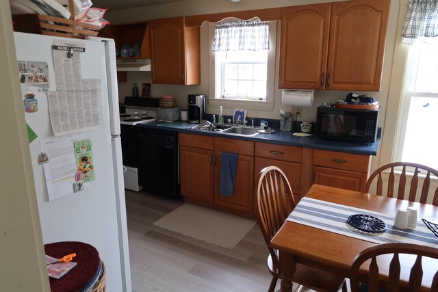 11 Green St, Winthrop, ME 04364 - kitchen featuring black appliances, under cabinet range hood, light wood finished floors, dark countertops, and a sink