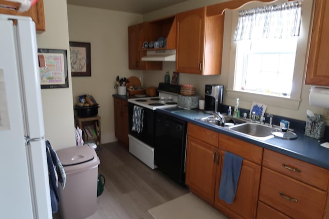 11 Green St, Winthrop, ME 04364 - kitchen with under cabinet range hood, range with electric cooktop, dishwasher, freestanding refrigerator, and light wood-style floors