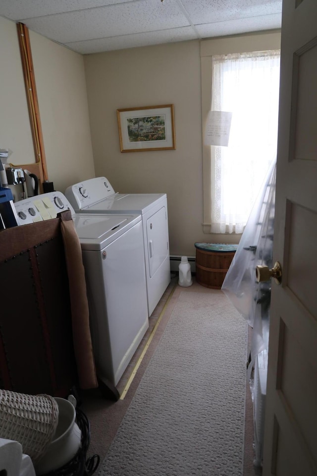 11 Green St, Winthrop, ME 04364 - clothes washing area with separate washer and dryer, carpet floors, and baseboard heating