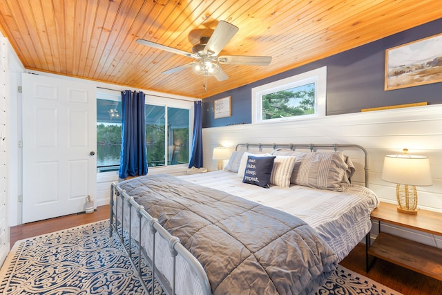 61 Beechwoods Rd, Oxford, ME 04270 - bedroom with wood ceiling, wood finished floors, and ceiling fan