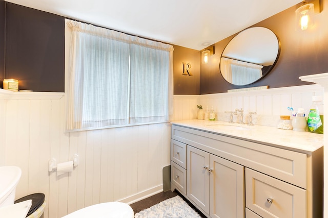 61 Beechwoods Rd, Oxford, ME 04270 - half bath with toilet, a wainscoted wall, and vanity