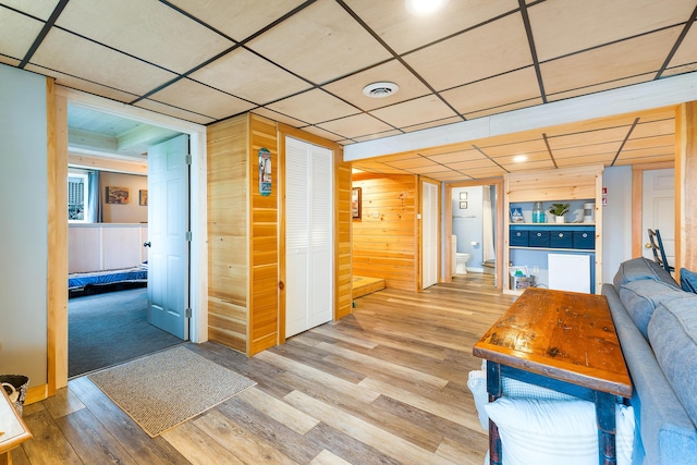 61 Beechwoods Rd, Oxford, ME 04270 - interior space with wood finished floors, a drop ceiling, and wooden walls
