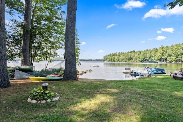61 Beechwoods Rd, Oxford, ME 04270 - dock area featuring a water view, a lawn, and a view of trees