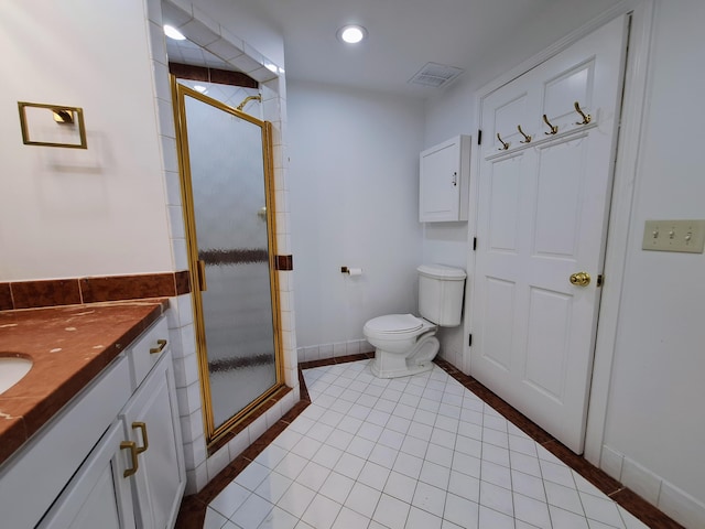 58 Back Shore Rd, Castine, ME 04421 - full bathroom featuring a stall shower, vanity, toilet, tile patterned floors, and recessed lighting