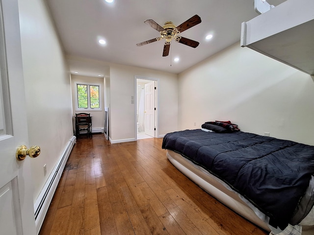58 Back Shore Rd, Castine, ME 04421 - bedroom featuring a baseboard heating unit, hardwood / wood-style flooring, recessed lighting, baseboards, and a ceiling fan