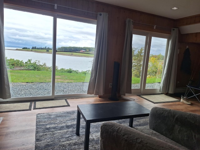 58 Back Shore Rd, Castine, ME 04421 - living area featuring a water view, wood walls, wood finished floors, and recessed lighting