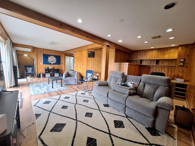 58 Back Shore Rd, Castine, ME 04421 - living area with wood walls, recessed lighting, and light wood-style flooring