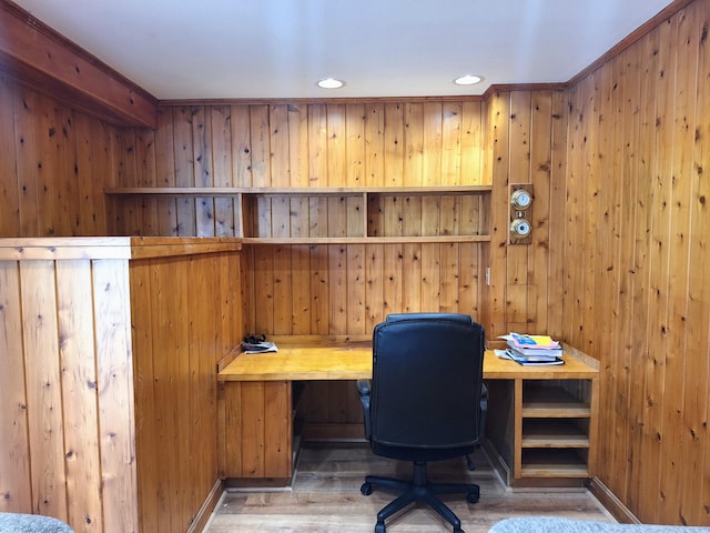 58 Back Shore Rd, Castine, ME 04421 - office space with wood finished floors, wooden walls, built in desk, and recessed lighting