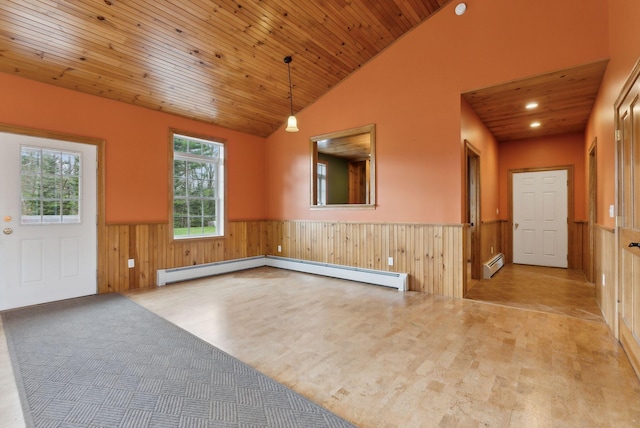 20 Motorcycle Dr, Windham, ME 04062 - empty room with baseboard heating, wainscoting, wood ceiling, lofted ceiling, and recessed lighting