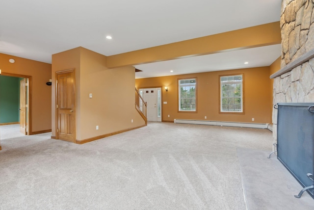 20 Motorcycle Dr, Windham, ME 04062 - unfurnished living room with a baseboard radiator, light carpet, stairway, baseboards, and recessed lighting