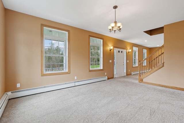 20 Motorcycle Dr, Windham, ME 04062 - unfurnished living room featuring a baseboard radiator, a chandelier, carpet floors, stairs, and baseboard heating