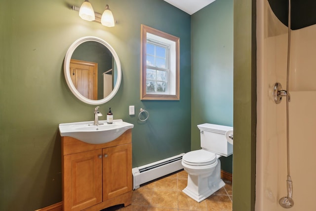 20 Motorcycle Dr, Windham, ME 04062 - bathroom featuring a baseboard heating unit, toilet, baseboards, tile patterned floors, and vanity