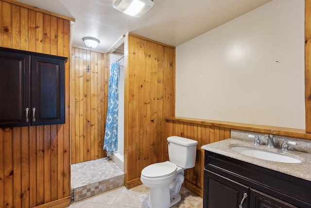 20 Motorcycle Dr, Windham, ME 04062 - full bath featuring wood walls, a shower with shower curtain, toilet, vanity, and tile patterned floors