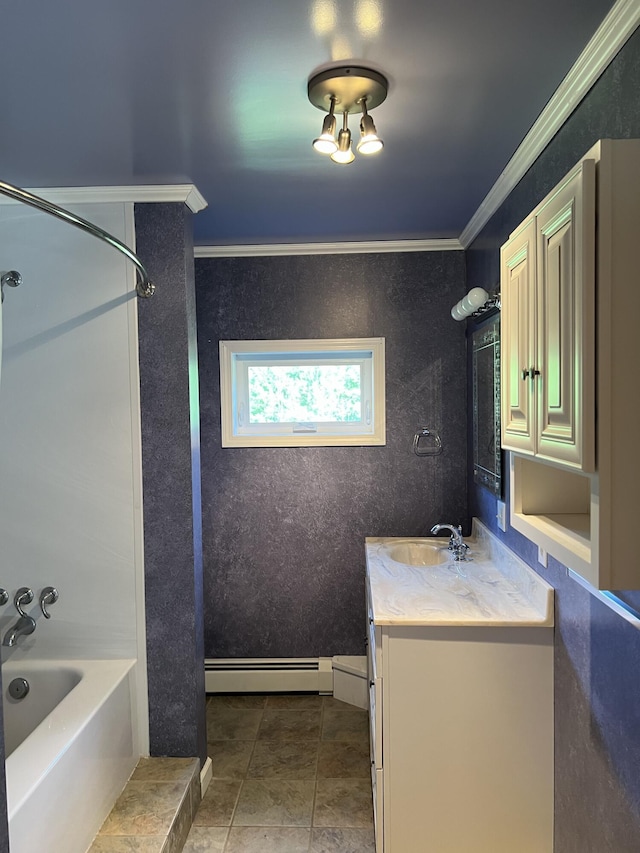 320 Spring Rd, Augusta, ME 04330 - bathroom with vanity, a baseboard radiator, crown molding, and washtub / shower combination
