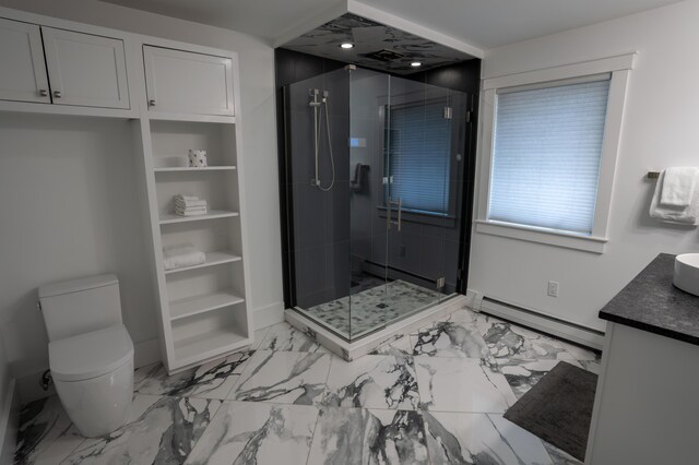 106 Webb River Dr, Dixfield, ME 04224 - full bathroom with a baseboard heating unit, a stall shower, toilet, and marble finish floors