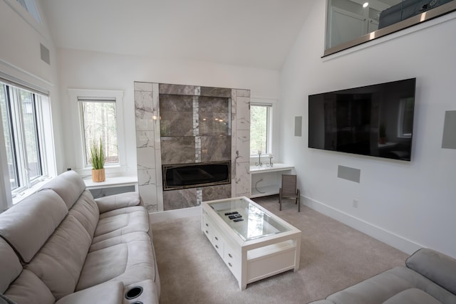 106 Webb River Dr, Dixfield, ME 04224 - living area with a premium fireplace, baseboards, high vaulted ceiling, and light colored carpet