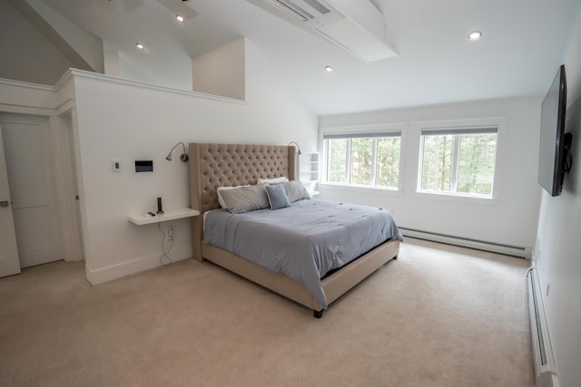106 Webb River Dr, Dixfield, ME 04224 - bedroom featuring a baseboard heating unit, light colored carpet, high vaulted ceiling, recessed lighting, and baseboards