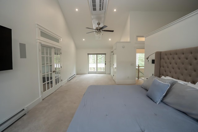 106 Webb River Dr, Dixfield, ME 04224 - unfurnished bedroom featuring a baseboard heating unit, high vaulted ceiling, light colored carpet, baseboard heating, and baseboards