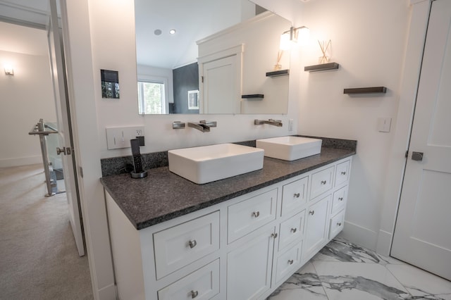 106 Webb River Dr, Dixfield, ME 04224 - full bathroom featuring double vanity, baseboards, recessed lighting, and marble finish floors