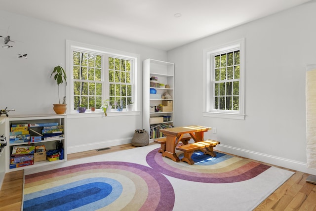 rec room with wood finished floors, plenty of natural light, and baseboards