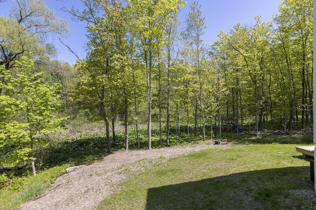 view of green lawn with a playground and a forest view