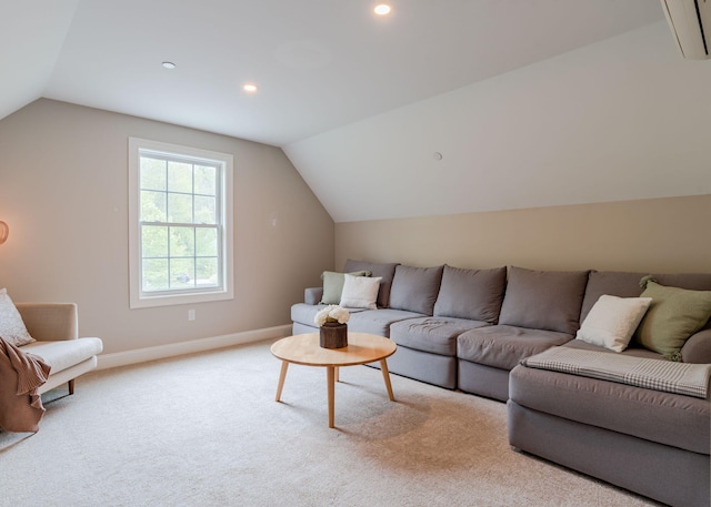 22 Lilac Ln, Gorham, ME 04038 - living room with vaulted ceiling, baseboards, light carpet, and recessed lighting