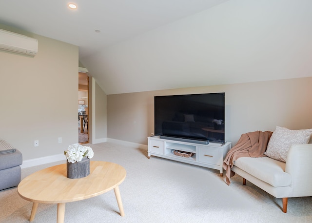 22 Lilac Ln, Gorham, ME 04038 - living area with a wall mounted air conditioner, light colored carpet, lofted ceiling, baseboards, and recessed lighting
