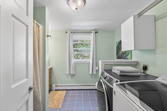 591 Eight Rod Rd, Augusta, ME 04330 - laundry room featuring baseboard heating, independent washer and dryer, and dark tile patterned floors