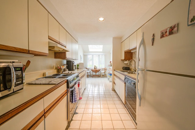 5 Goodridge Dr Unit 5, Naples, ME 04055 - kitchen featuring appliances with stainless steel finishes, a sink, under cabinet range hood, light tile patterned flooring, and a skylight