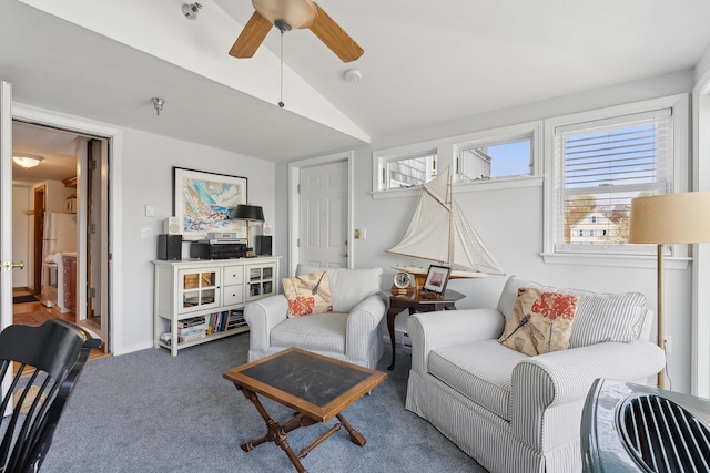 15 Christensen Ln Unit A1, Kennebunk, ME 04043 - living area with ceiling fan, lofted ceiling, and carpet floors