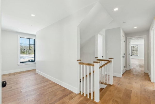 11 Acorn Ave, Kennebunkport, ME 04046 - hall featuring an upstairs landing, baseboards, light wood finished floors, and recessed lighting