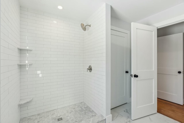 11 Acorn Ave, Kennebunkport, ME 04046 - full bath featuring a tile shower, recessed lighting, and marble finish floors