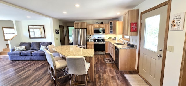 kitchen featuring appliances with stainless steel finishes, a sink, dark wood finished floors, glass insert cabinets, and light stone counters