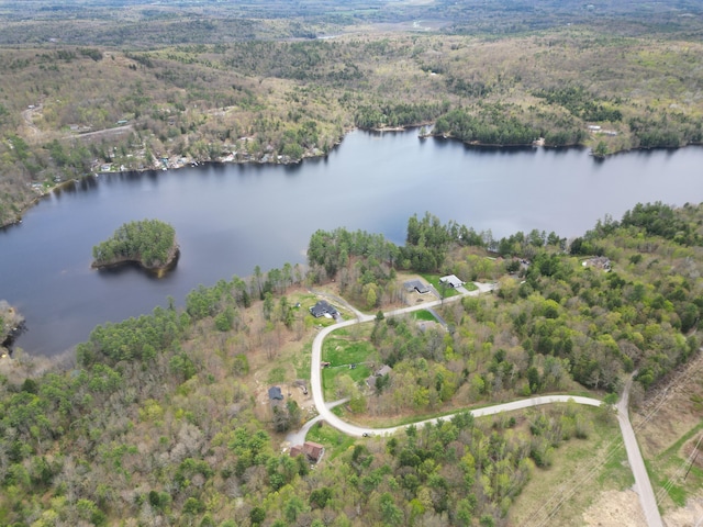 aerial overview of property's location featuring a nearby body of water and a heavily wooded area