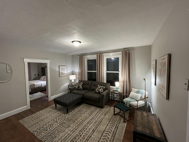 living room with wood finished floors, baseboards, and a textured ceiling