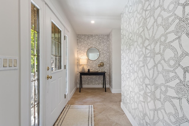 11 Oxford Rd, Windham, ME 04062 - entryway featuring an accent wall, baseboards, recessed lighting, and light tile patterned floors