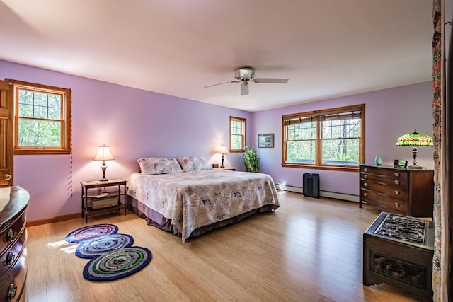 1 Mayflower Way, Norway, ME 04268 - bedroom featuring baseboard heating, a baseboard radiator, light wood-style floors, ceiling fan, and baseboards