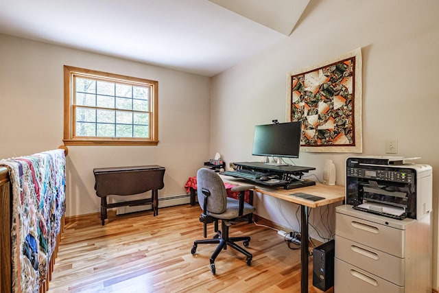 1 Mayflower Way, Norway, ME 04268 - office space with a baseboard radiator, light wood finished floors, lofted ceiling, and baseboards