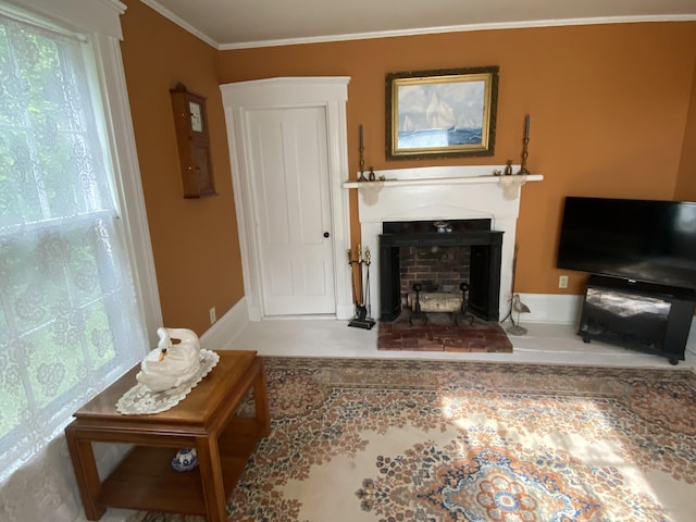 12 Old Rte 1, Searsport, ME 04974 - living room featuring a fireplace with raised hearth, plenty of natural light, and ornamental molding