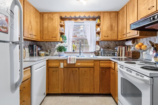 342 York St, York, ME 03909 - kitchen featuring white appliances, open shelves, under cabinet range hood, and a sink