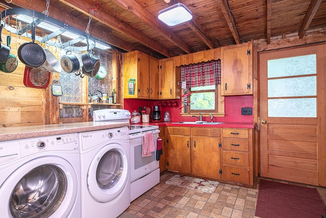 106 Shady Ln, Parsonsfield, ME 04047 - washroom featuring wooden ceiling, brick patterned flooring, and washing machine and clothes dryer